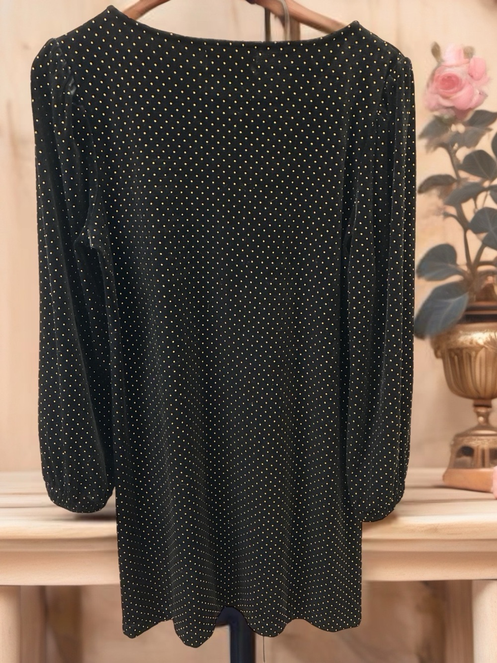 Dear John Black Velvet Long Sleeve Dress with Gold Dot Accents Women’s Size M